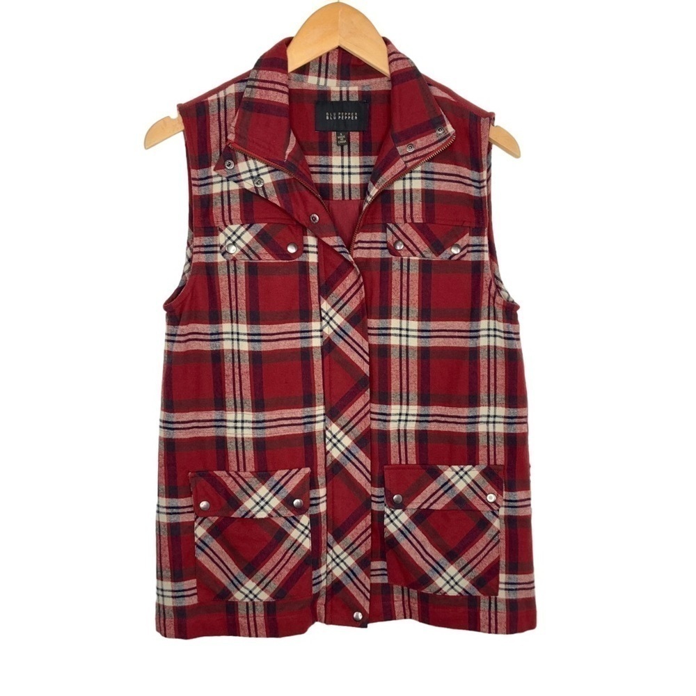 Blu Pepper Womens Embroidered Plaid Full Zip Vest Small Red Southwestern Pocket